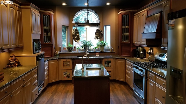 156 Peppermill Rd, Kelso, WA 98626 - kitchen with appliances with stainless steel finishes, premium range hood, glass insert cabinets, a sink, and recessed lighting