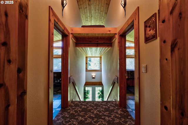 156 Peppermill Rd, Kelso, WA 98626 - hall with wooden ceiling, tile patterned floors, a textured wall, and an upstairs landing