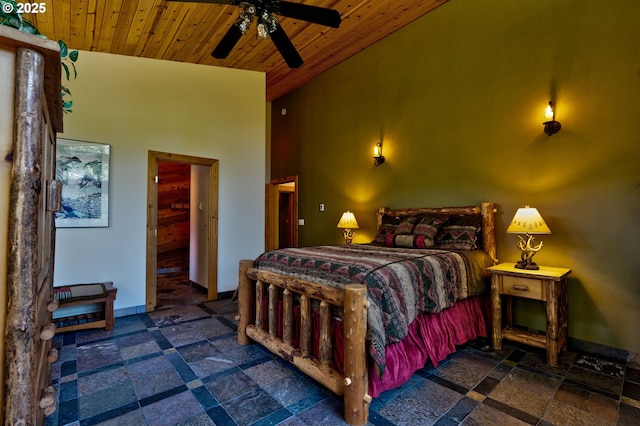 156 Peppermill Rd, Kelso, WA 98626 - bedroom featuring high vaulted ceiling, wood ceiling, baseboards, and stone tile floors