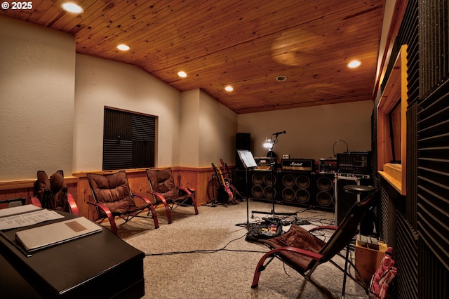 156 Peppermill Rd, Kelso, WA 98626 - carpeted office with a wainscoted wall, wood ceiling, recessed lighting, and wooden walls