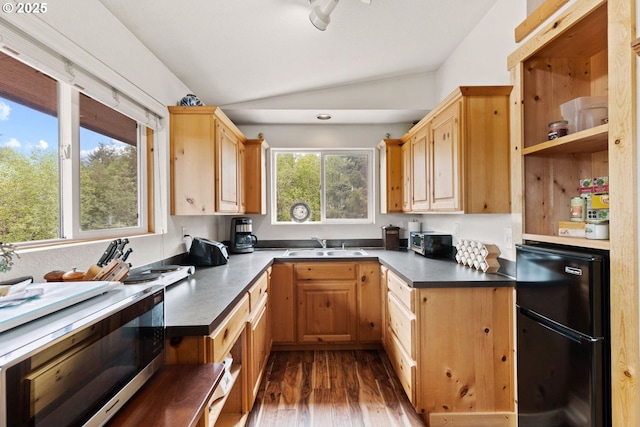 156 Peppermill Rd, Kelso, WA 98626 - kitchen with stainless steel microwave, open shelves, freestanding refrigerator, light brown cabinets, and vaulted ceiling