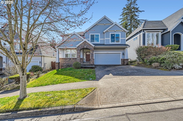 view of front of home featuring a front lawn, board and batten siding, concrete driveway, a garage, and brick siding