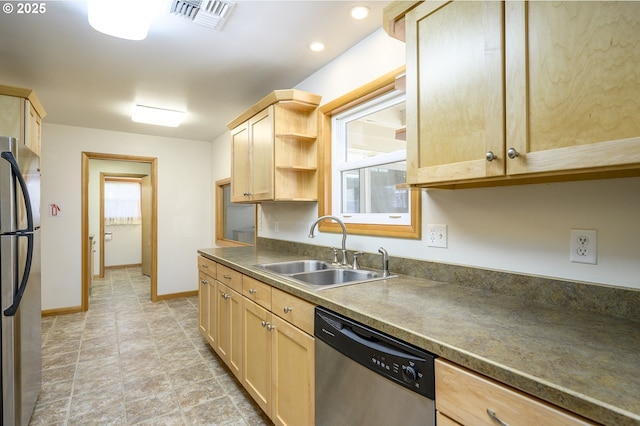 1736 NE Hembree St, Mcminnville, OR 97128 - kitchen featuring appliances with stainless steel finishes, a sink, light brown cabinets, baseboards, and recessed lighting