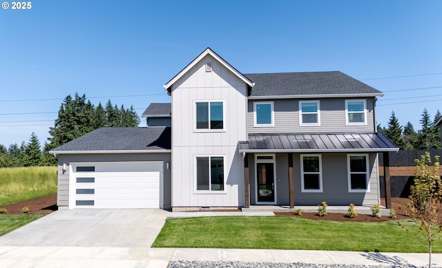 16913 NE 38th Ave, Vancouver, WA 98686 - modern inspired farmhouse with board and batten siding, a garage, a porch, a standing seam roof, and concrete driveway