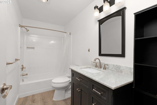 full bathroom with toilet, hardwood / wood-style flooring, shower / bathtub combination with curtain, and vanity