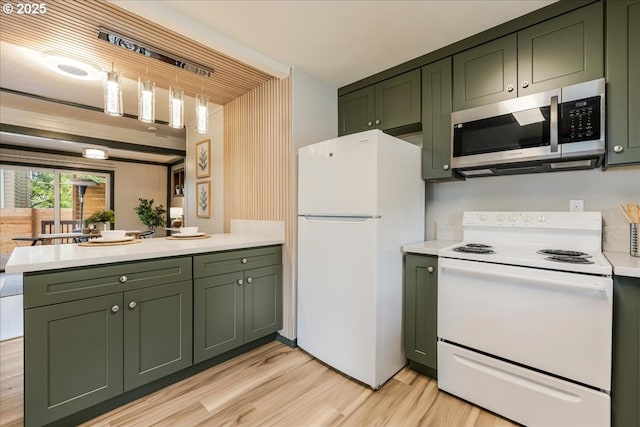 2251 SE 139th Ave, Portland, OR 97233 - kitchen featuring green cabinets, white appliances, light wood finished floors, and light countertops