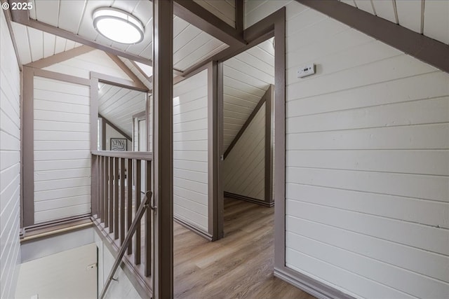 2251 SE 139th Ave, Portland, OR 97233 - hall featuring wood finished floors, wooden walls, an upstairs landing, and lofted ceiling