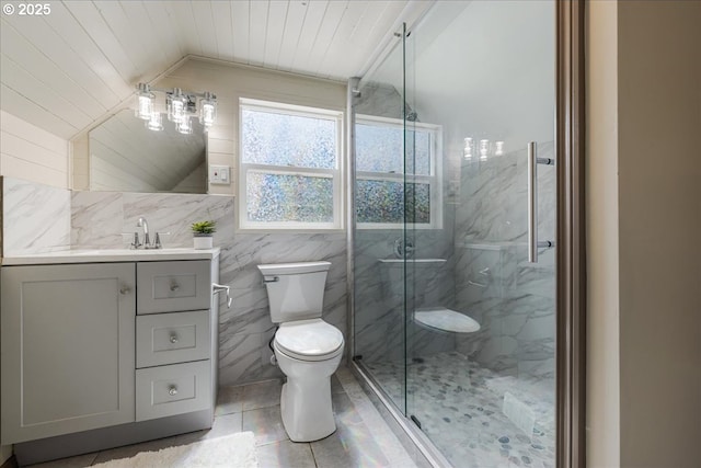 2251 SE 139th Ave, Portland, OR 97233 - bathroom with vanity, a marble finish shower, lofted ceiling, wooden ceiling, and tile patterned floors