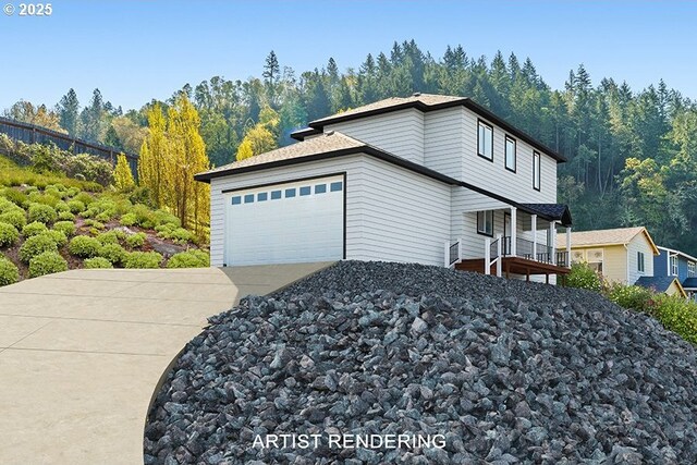 990 Forest Heights St, Sutherlin, OR 97479 - view of front of house with driveway, an attached garage, a view of trees, and covered porch