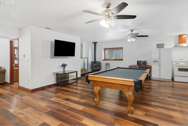 23072 SW Mansfield St, Sherwood, OR 97140 - playroom with a ceiling fan, a wood stove, wood finished floors, baseboards, and billiards table