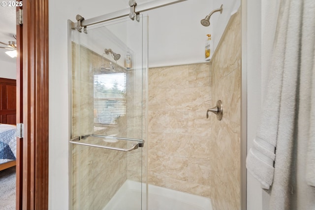 23072 SW Mansfield St, Sherwood, OR 97140 - ensuite bathroom featuring a stall shower and a ceiling fan