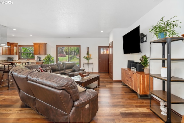 23072 SW Mansfield St, Sherwood, OR 97140 - living room featuring dark wood finished floors and recessed lighting