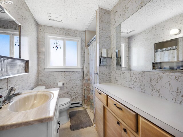 full bathroom with vanity, curtained shower, toilet, and a baseboard heating unit