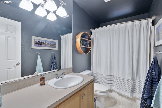 16904 SW Stellar Dr, Sherwood, OR 97140 - bathroom featuring toilet, vanity, tile patterned flooring, and curtained shower