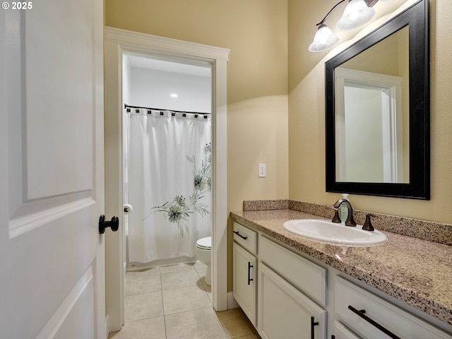 2231 SE Genesis Ct, Salem, OR 97306 - full bathroom with toilet, vanity, tile patterned flooring, and a shower with shower curtain
