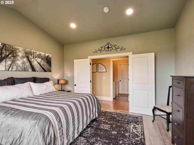 2231 SE Genesis Ct, Salem, OR 97306 - bedroom featuring wood finished floors, recessed lighting, vaulted ceiling, and baseboards