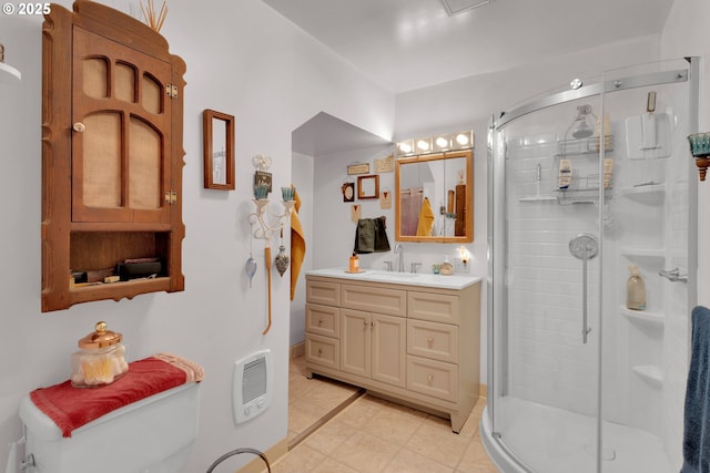 21161 S Upper Highland Rd, Beavercreek, OR 97004 - full bath featuring vanity, a stall shower, tile patterned floors, and heating unit