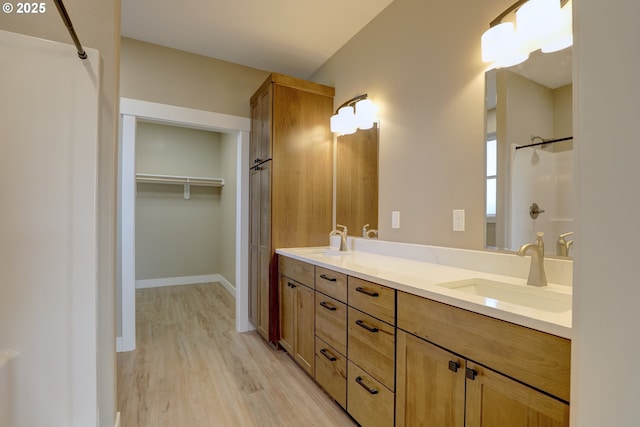 bathroom with wood finished floors, a sink, a spacious closet, and double vanity