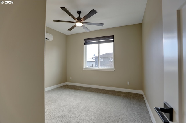 empty room featuring ceiling fan, baseboards, an AC wall unit, and light colored carpet