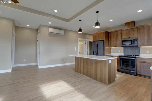 kitchen with brown cabinetry, a kitchen island, stainless steel appliances, light countertops, and pendant lighting