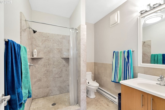 bathroom featuring a baseboard radiator, tile walls, vanity, toilet, and a shower with curtain