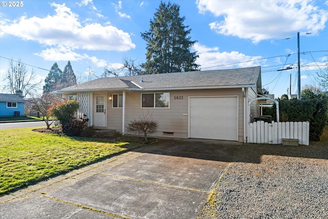 single story home featuring a garage and a front yard