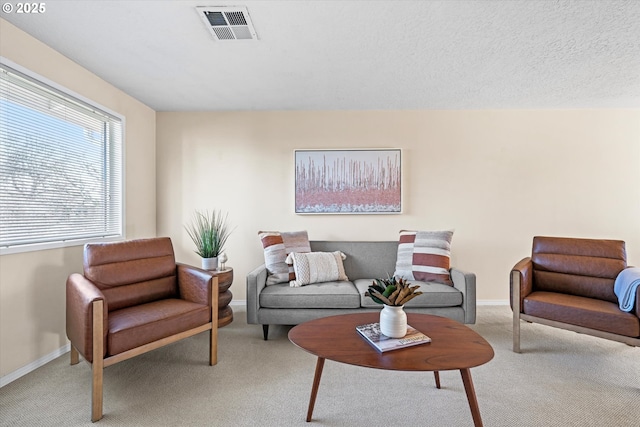 living room featuring light carpet and a textured ceiling