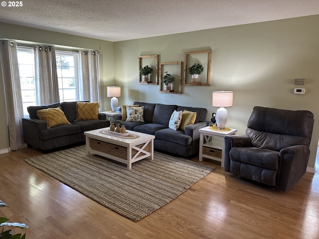 living room featuring a textured ceiling and wood finished floors