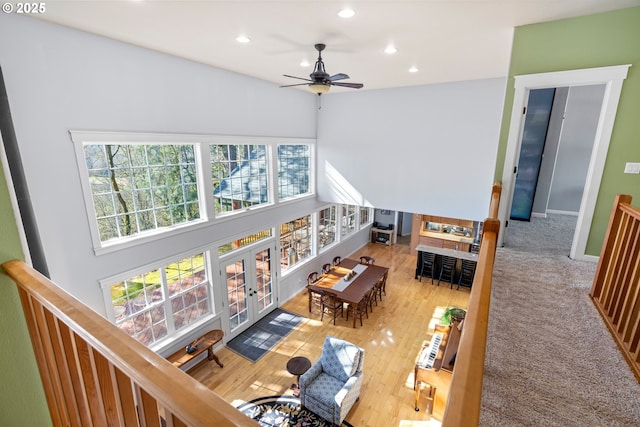 living room with recessed lighting, french doors, ceiling fan, and baseboards