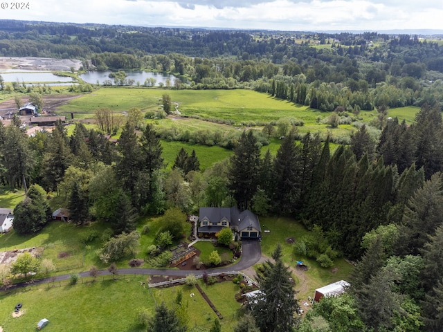 bird's eye view with a water view and a view of trees