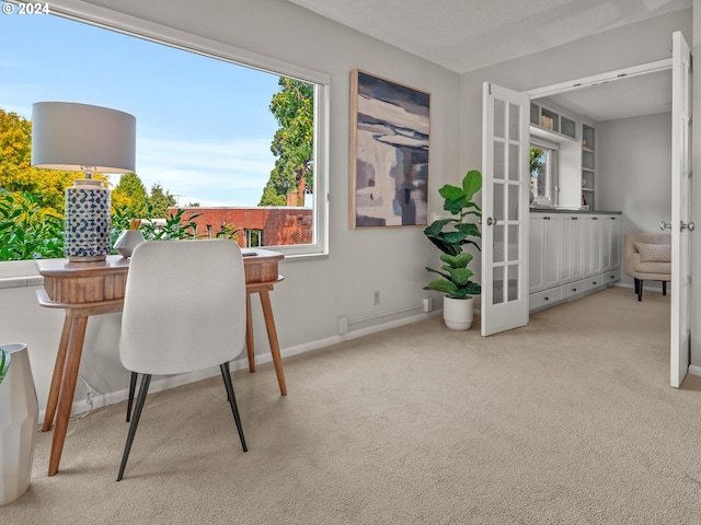 carpeted office featuring french doors and baseboards