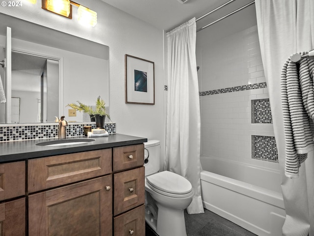 bathroom featuring shower / tub combo, backsplash, toilet, and vanity