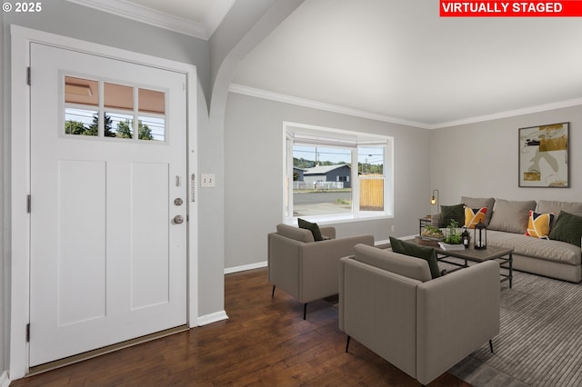 1911 E 12th St, The Dalles, OR 97058 - living room with dark wood-type flooring, ornamental molding, and baseboards