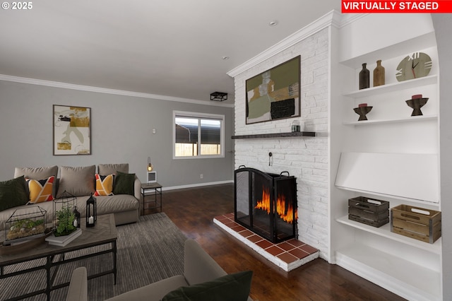 1911 E 12th St, The Dalles, OR 97058 - living area with ornamental molding, a fireplace, wood finished floors, and baseboards