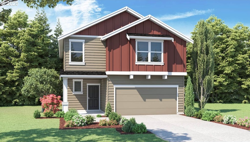 2882 U St, Springfield, OR 97477 - view of front facade featuring board and batten siding, a garage, concrete driveway, and a front yard