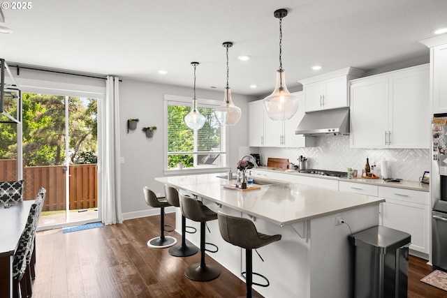 kitchen featuring a sink, decorative backsplash, under cabinet range hood, and light countertops