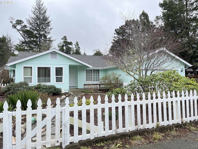 ranch-style house with a porch, a fenced front yard, and a shingled roof