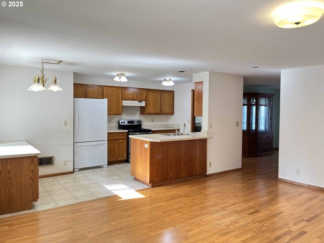 4040 Munsel Creek Dr, Florence, OR 97439 - kitchen featuring under cabinet range hood, visible vents, freestanding refrigerator, brown cabinets, and stainless steel range with electric stovetop
