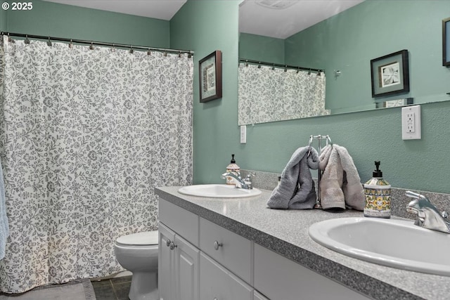 106 Green Valley Rd, Oakland, OR 97462 - bathroom with double vanity, tile patterned floors, and curtained shower