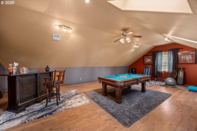 106 Green Valley Rd, Oakland, OR 97462 - game room featuring a bar, lofted ceiling, pool table, wood finished floors, and a ceiling fan