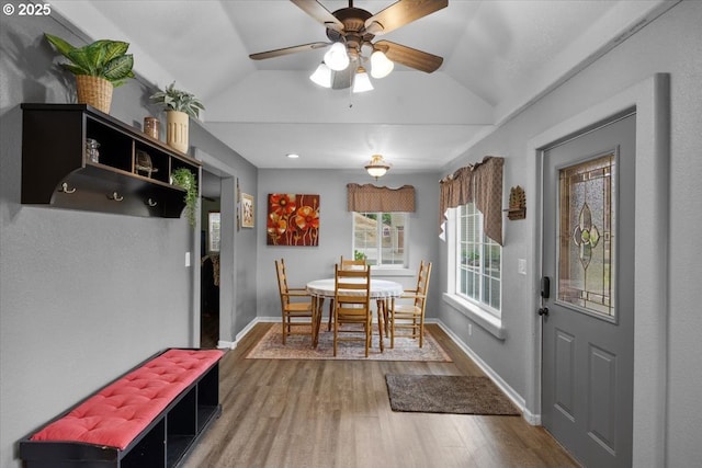 106 Green Valley Rd, Oakland, OR 97462 - dining space with wood finished floors, lofted ceiling, and a ceiling fan