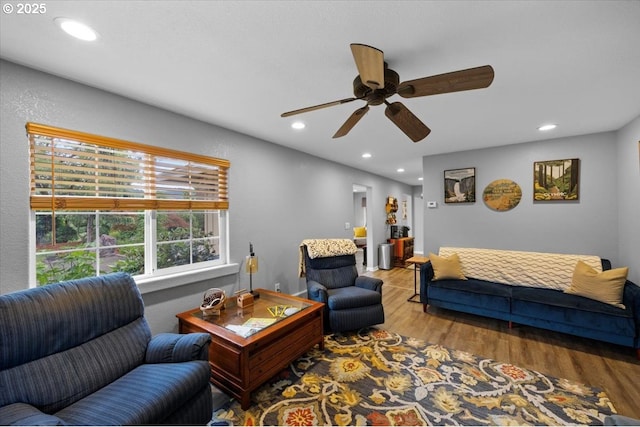 106 Green Valley Rd, Oakland, OR 97462 - living room featuring ceiling fan, wood finished floors, and recessed lighting