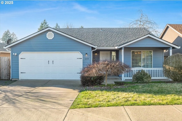 ranch-style home with a garage, covered porch, and a front lawn