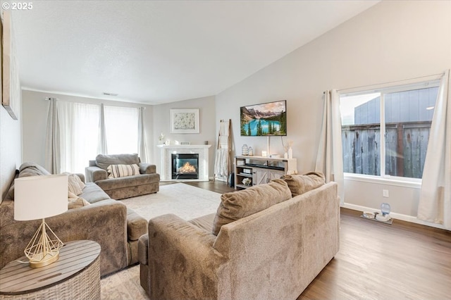 living room featuring lofted ceiling and light hardwood / wood-style floors