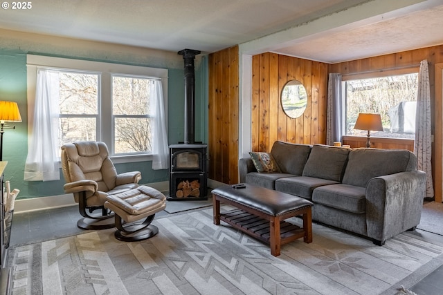 living area featuring a wood stove and wood walls