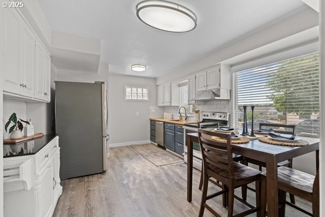 561 E Ridgeway Ave, Hermiston, OR 97838 - kitchen featuring stainless steel appliances, under cabinet range hood, light wood-style flooring, white cabinetry, and decorative backsplash