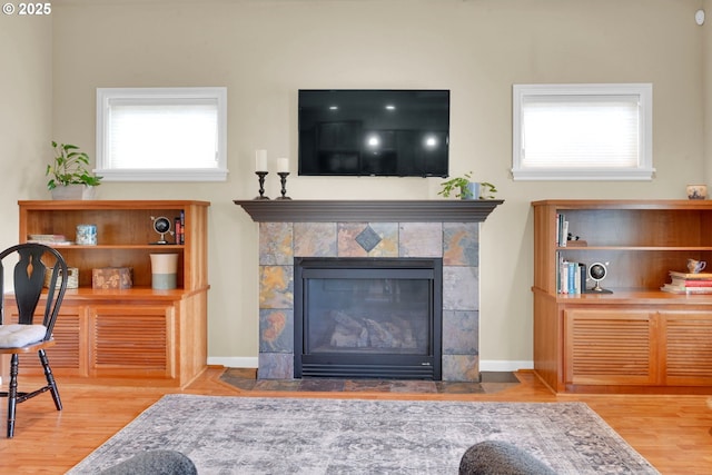 living room featuring wood finished floors, a fireplace, and baseboards