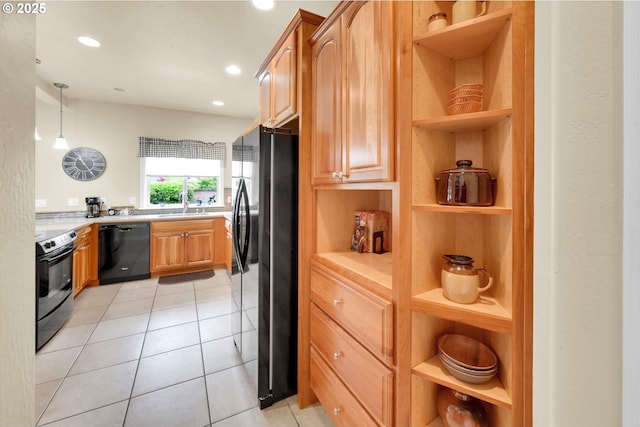 kitchen with black appliances, open shelves, light countertops, a sink, and recessed lighting