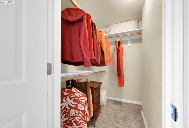 walk in closet featuring carpet flooring
