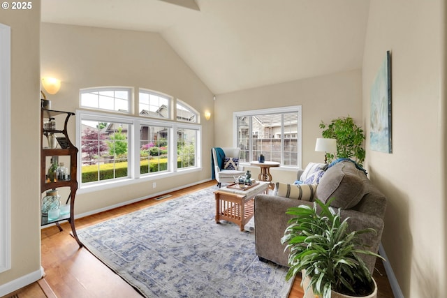 living area with lofted ceiling, wood finished floors, and baseboards